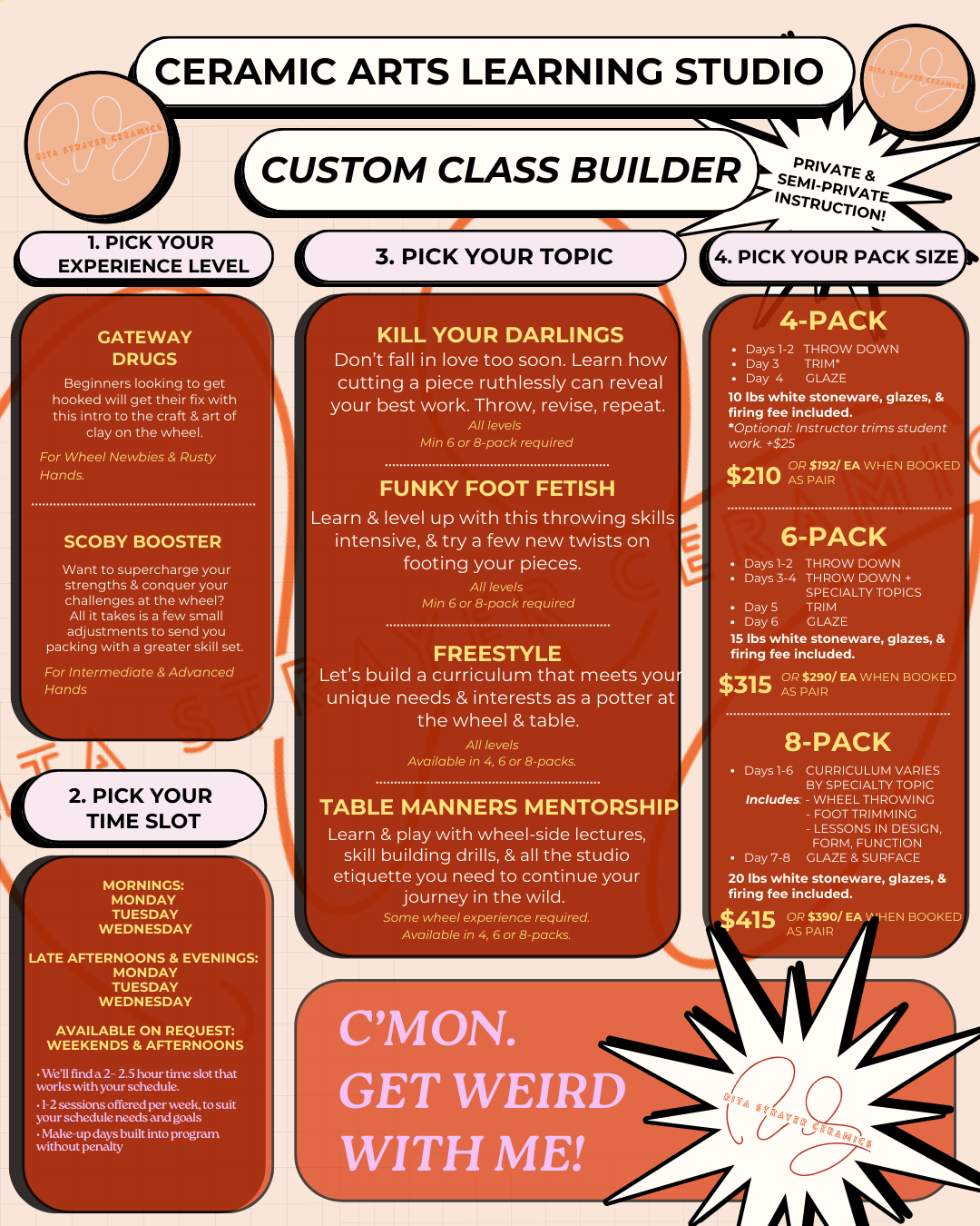 Ceramic arts learning studio from Rita Strayer Ceramics of Savannah, Georgia. Art classes consult our pottery custom class builder with various class options and pricing.