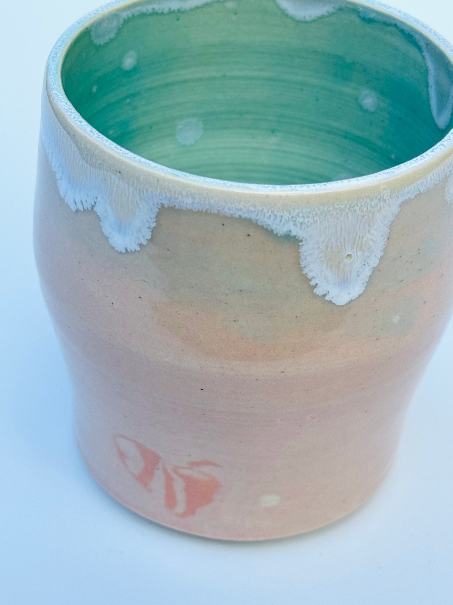 Close up overhead view of the rare Nerikome Heart Tumbler from Rita Strayer Ceramics of Savannah. Subtle heart motif. Suitable cup for milk, nightstand water, wine, whiskey & juice. Various colors in this design.