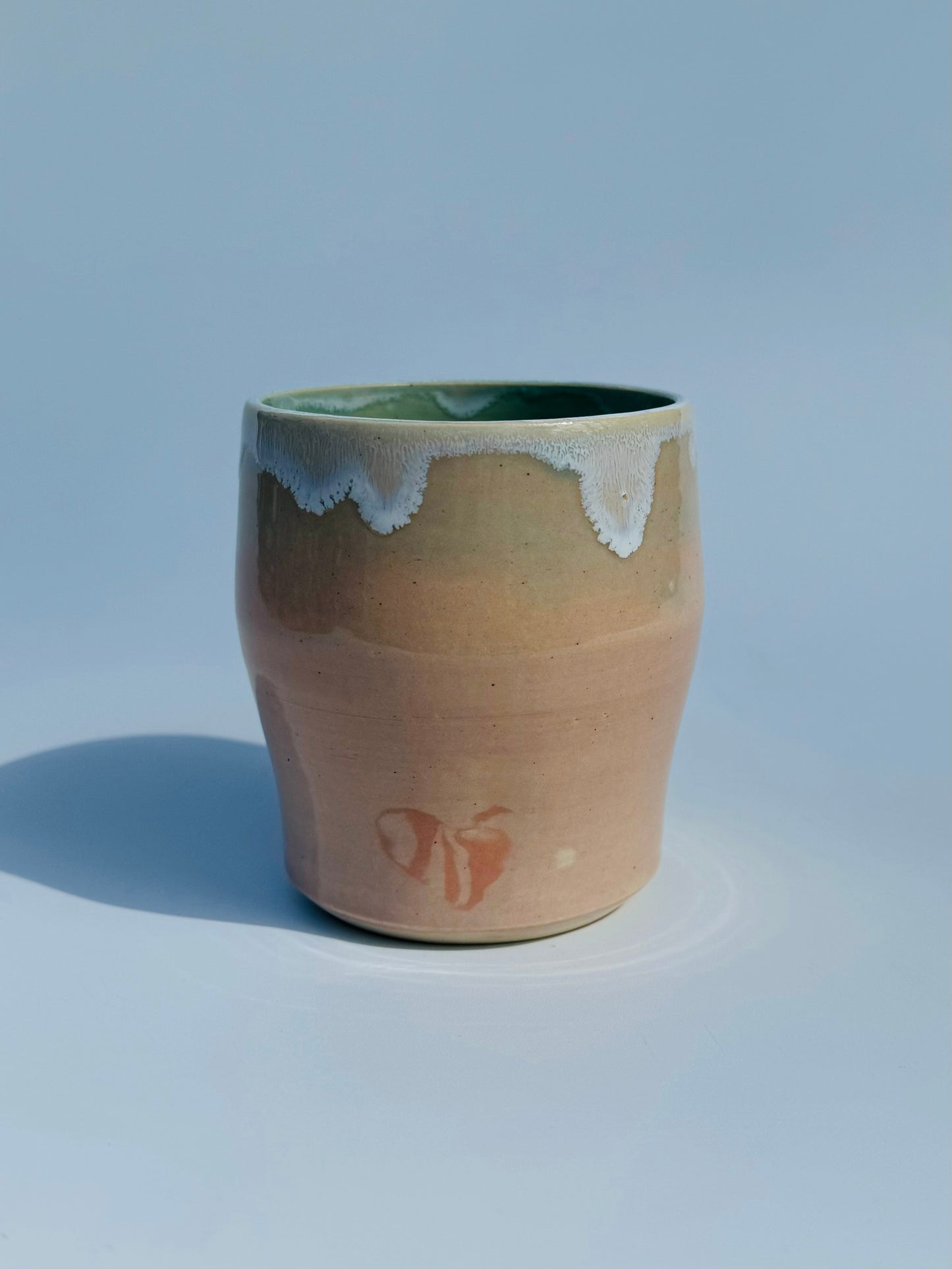 Close up view of the rare Nerikome Heart Tumbler from Rita Strayer Ceramics of Savannah. Subtle heart motif. Suitable cup for milk, nightstand water, wine, whiskey & juice. Various colors in this design.