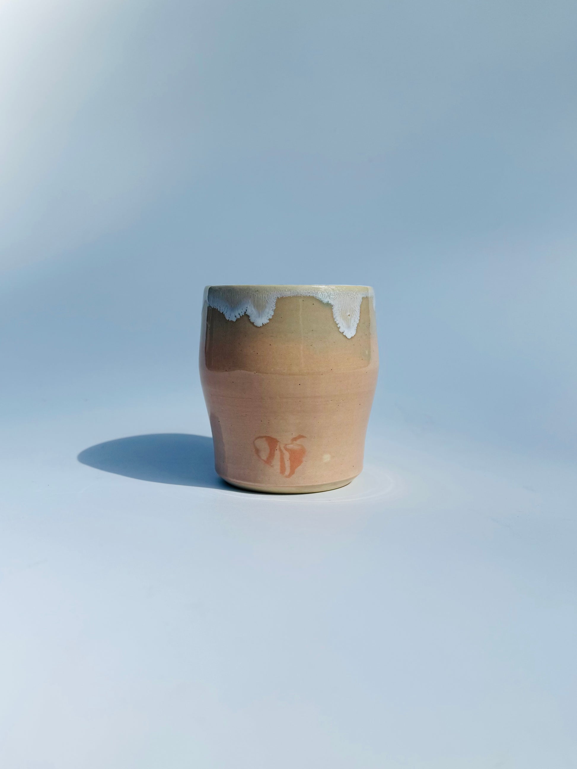 Distant view of the rare Nerikome Heart Tumbler from Rita Strayer Ceramics of Savannah. Subtle heart motif. Suitable cup for milk, nightstand water, wine, whiskey & juice. Various colors in this design.