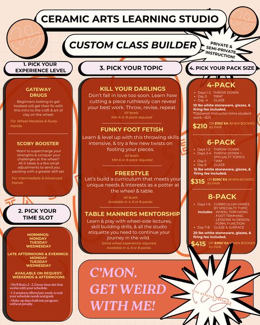 Ceramic arts learning studio from Rita Strayer Ceramics of Savannah, Georgia. Art classes consult our pottery custom class builder with various class options and pricing.