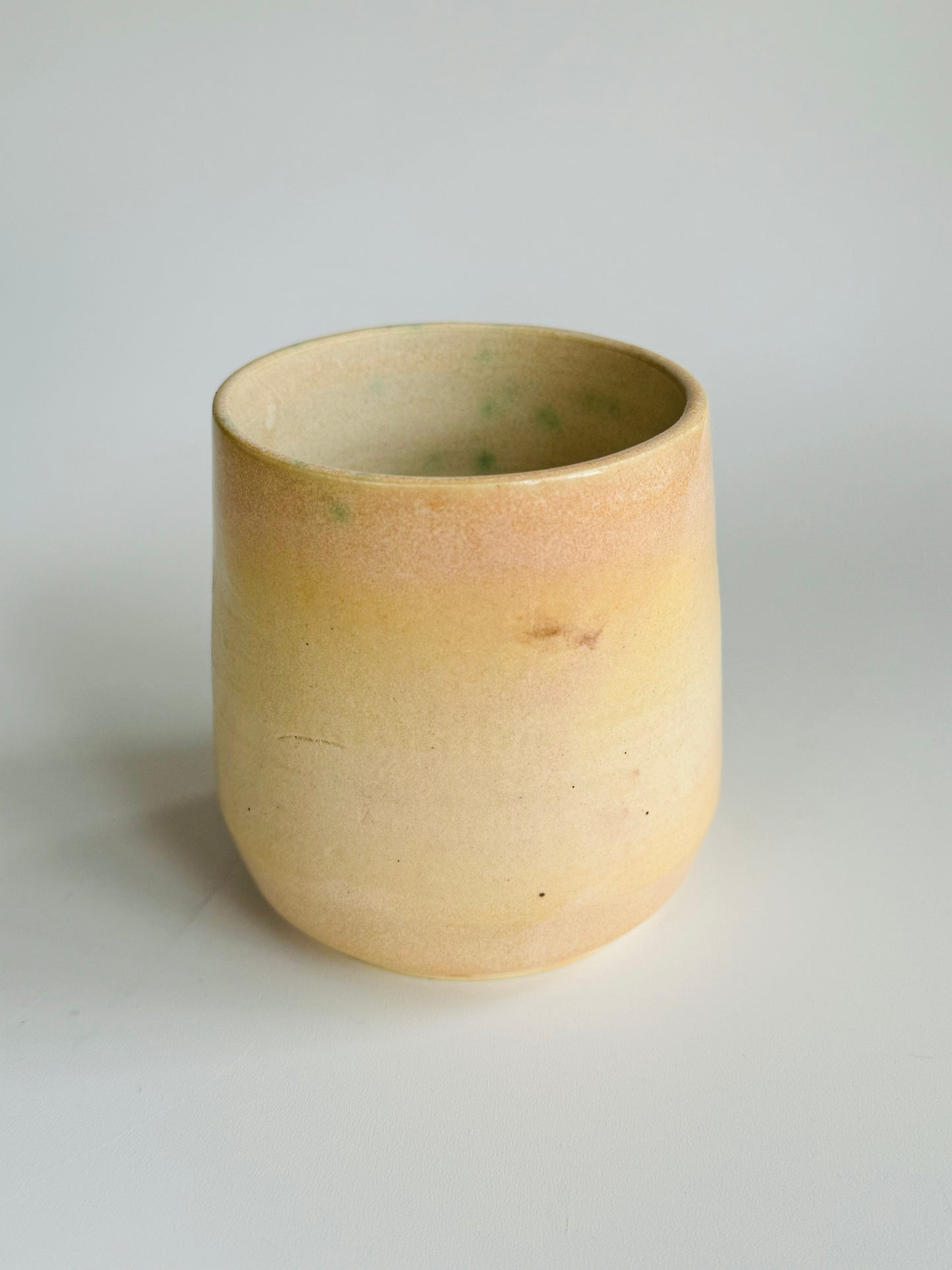 Juice n’ Booze Cup 8oz - only from Rita Strayer Ceramics of Savannah. Straight ahead view. A little cup for a little nip of wine, vermouth, whisk(e)y, or juice. Fridge and Room Temp beverages.