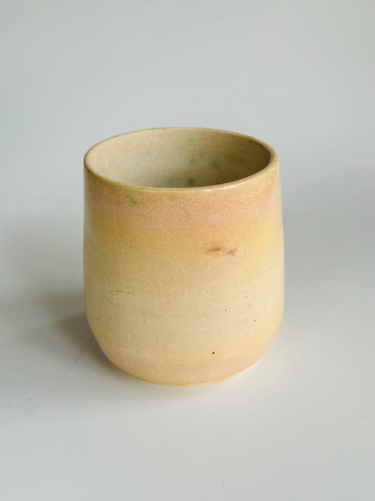 Juice n’ Booze Cup 8oz - only from Rita Strayer Ceramics of Savannah. Straight ahead view. A little cup for a little nip of wine, vermouth, whisk(e)y, or juice. Fridge and Room Temp beverages.